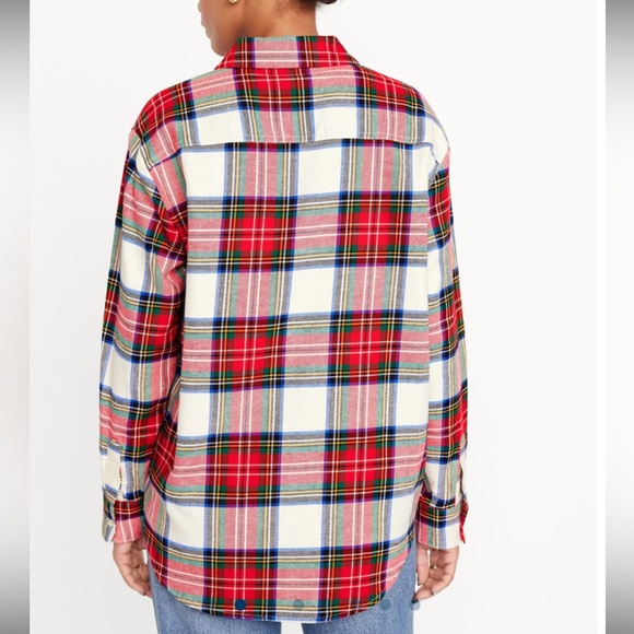 Old Navy White Tartan Loose Flannel Boyfriend Button Up Shirt - Picture 2 of 12